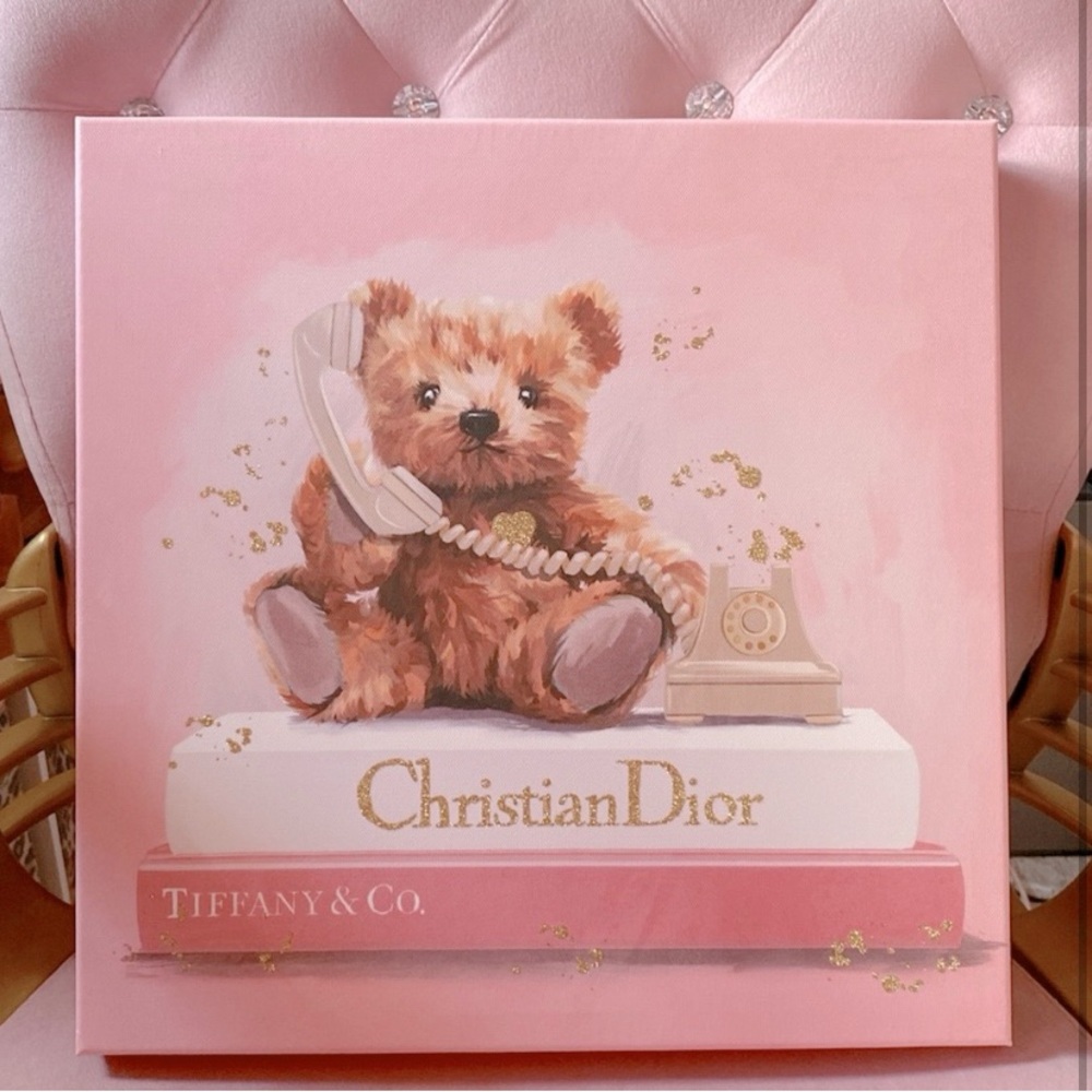 Pink book stack teddy bear wall decor canvas Tiffany dior
